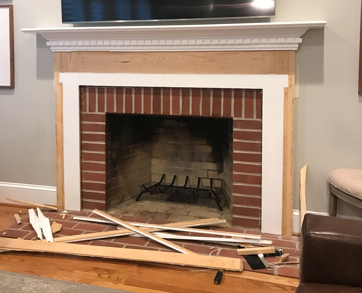 Demo of fireplace surround before adding tile over brick 