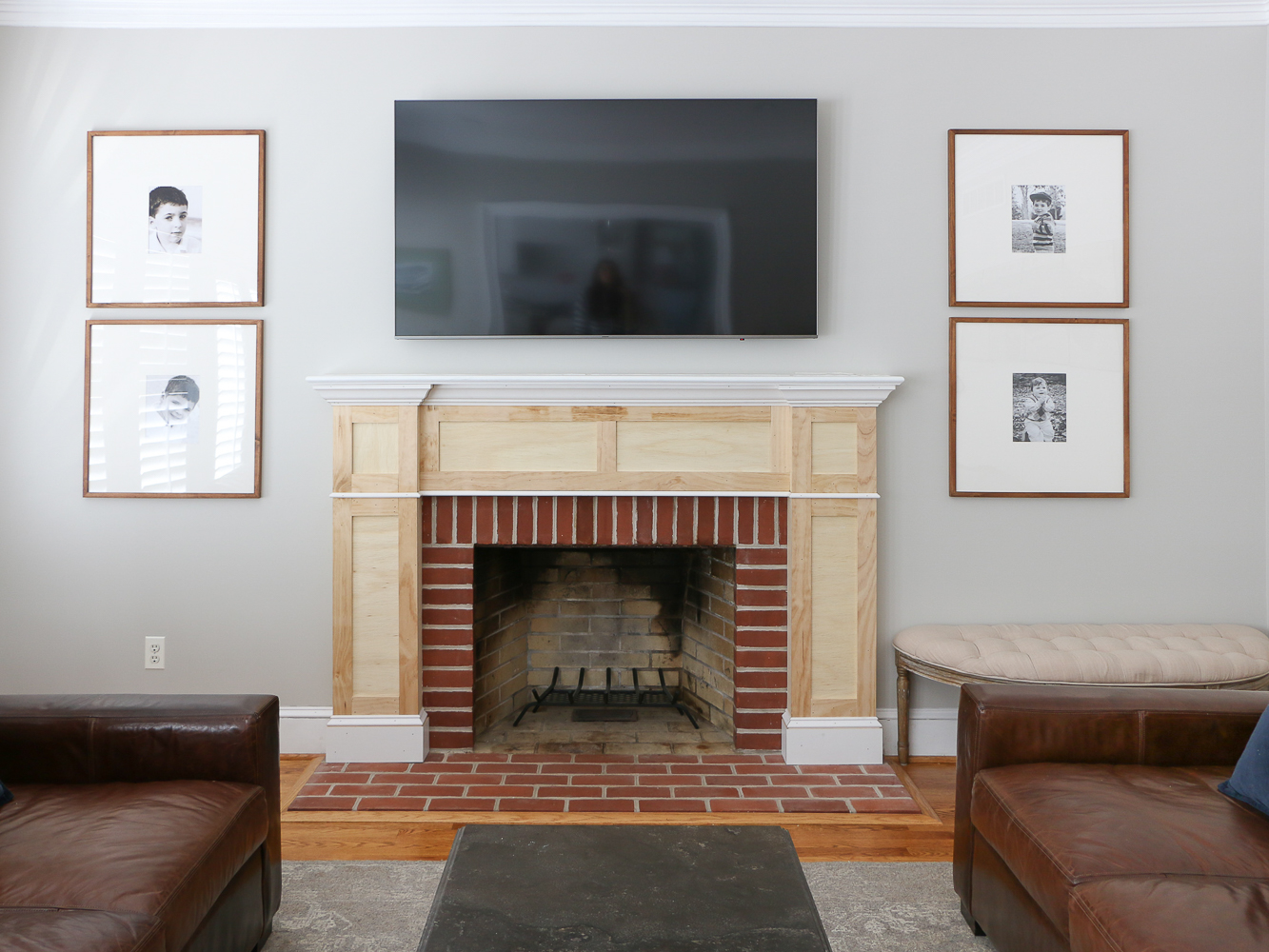 wood trim in place around brick fireplace