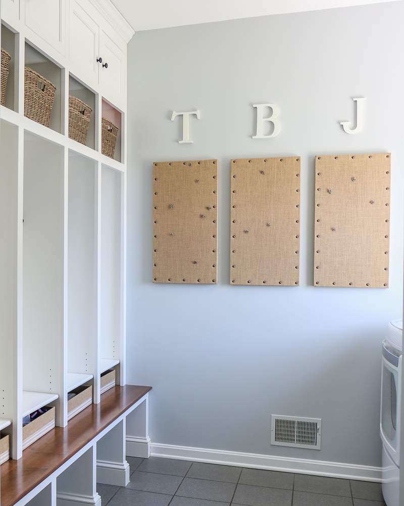 mudroom cubbies, lockers, lunch boxes, storage baskets, pinboard, hooks
