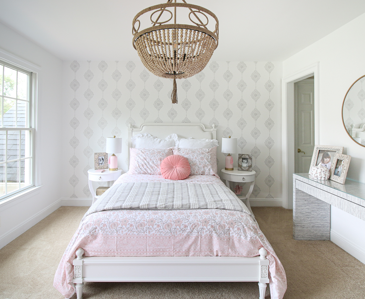 big girl bedroom, Pottery Barn colette bed, Serena and Lily wallpaper, Wood Bead chandelier