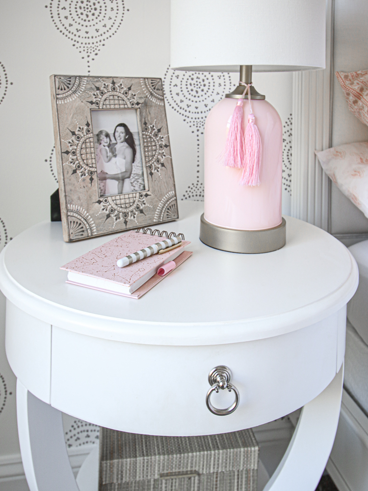 big girl bedroom, Pottery Barn colette bed, Serena and Lily wallpaper, Wood Bead chandelier