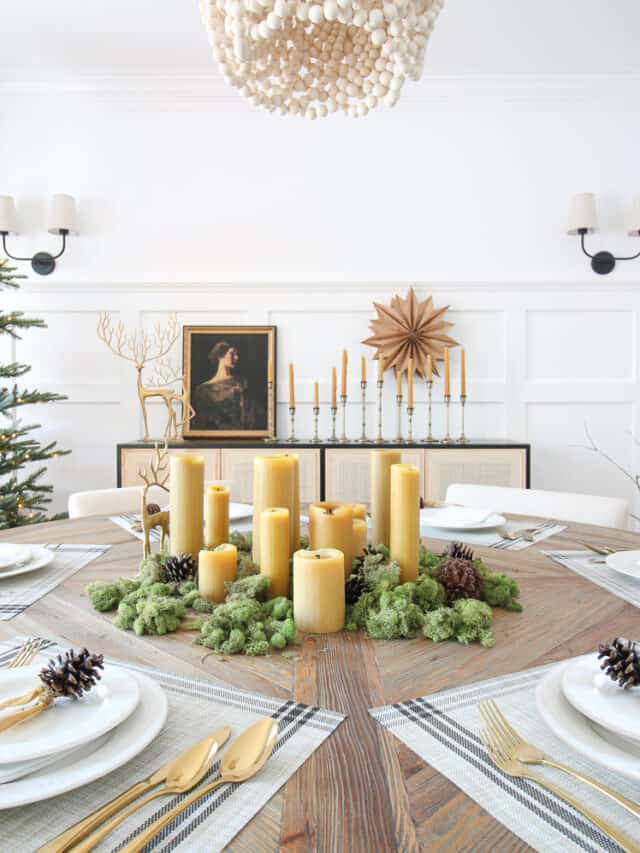 neutral Christmas dining room, undecorated tree, brass reindeer, beeswax candles, gold flatware, simple Christmas table settings