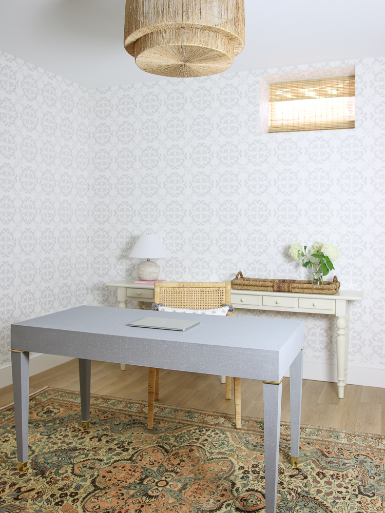 Serena and lily wallpaper, home office, feminine decor, mcgee and co desk, rattan arm chair