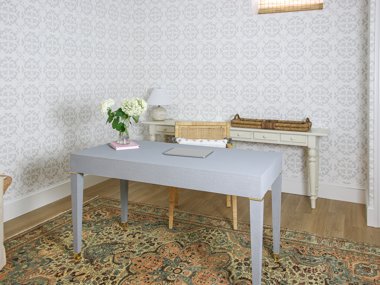 Serena and lily wallpaper, home office, feminine decor, mcgee and co desk, rattan arm chair