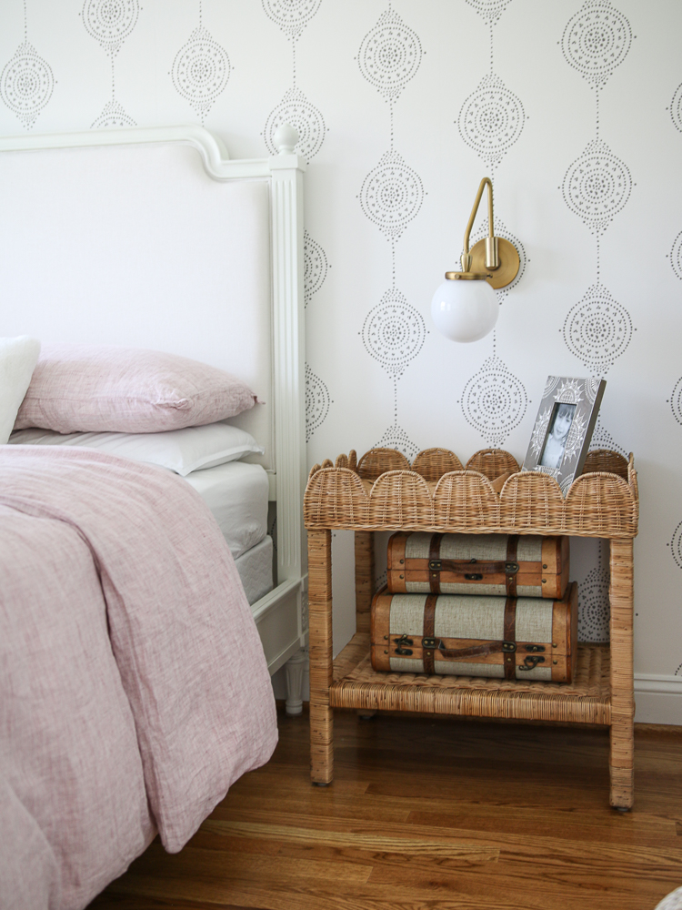 Serena and Lily wicker nightstands, wallpaper, bedroom decor
