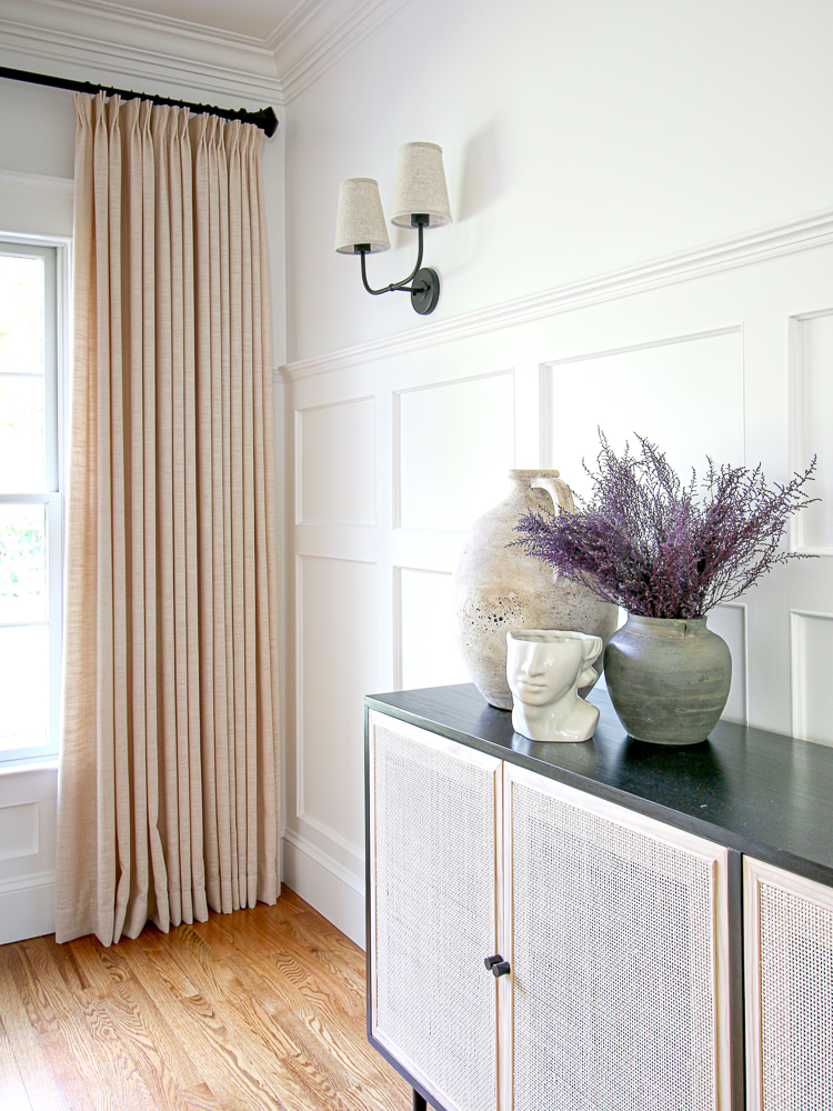 Amazon drapes, pinch pleat, linen look, sand beige color, wall sconce, cane cabinet