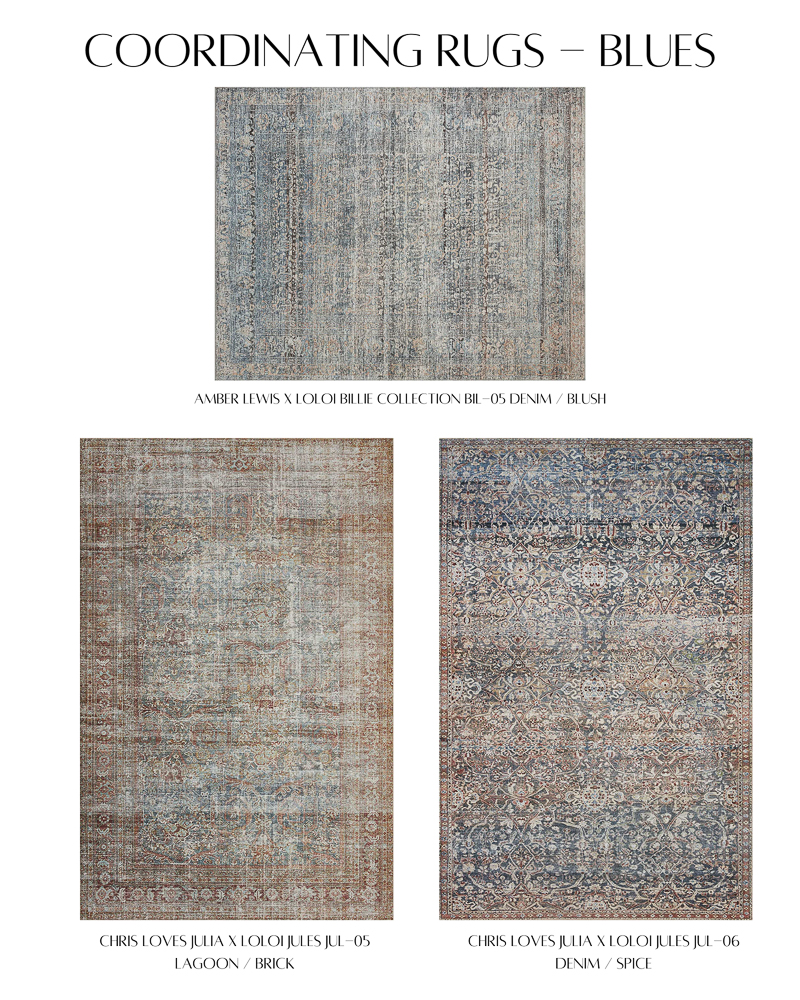 Coordinating rugs, open concept floor plan rugs, Loloi Rugs, vintage rugs, printed rugs
