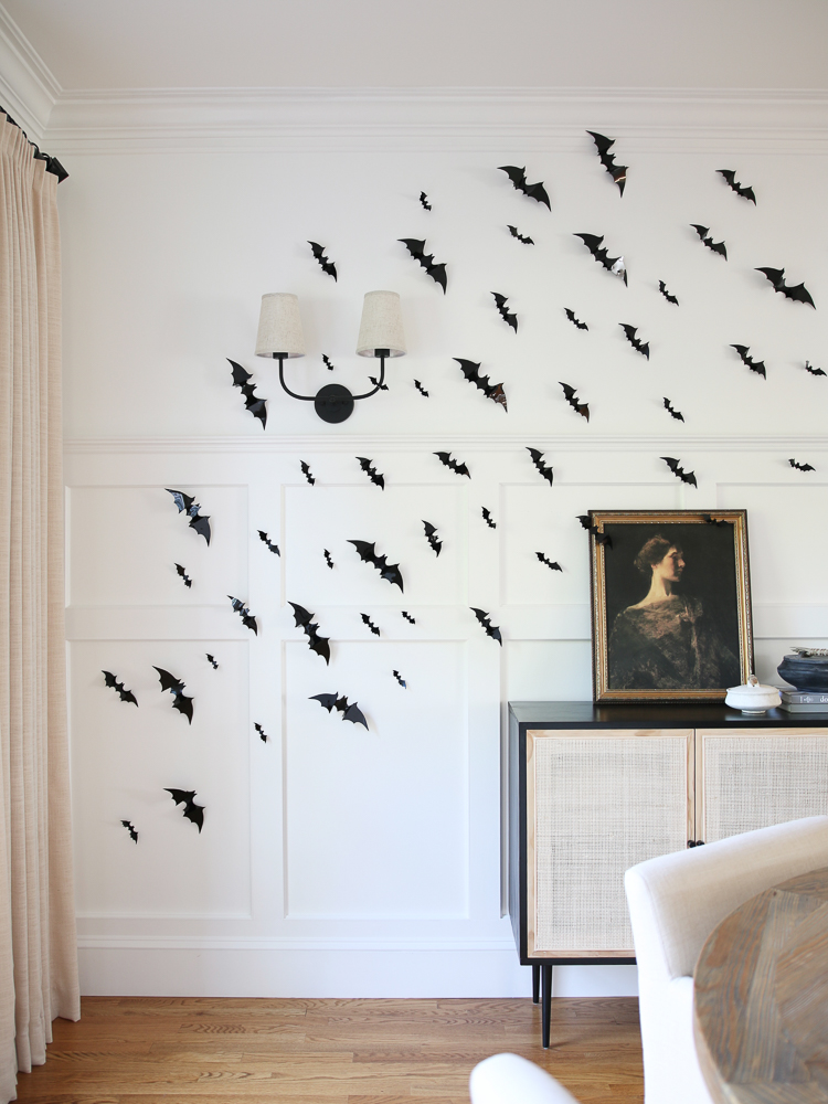 classy halloween decor, bat wall, cane cabinet 