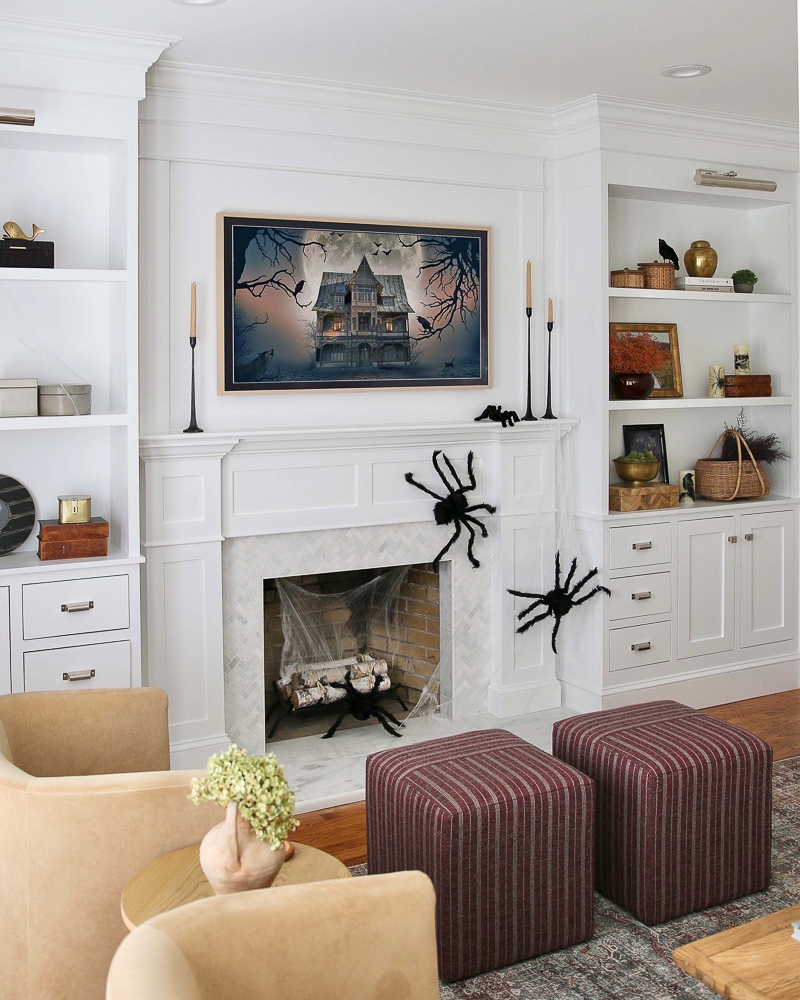 classy halloween decor living room, fireplace, large spiders
