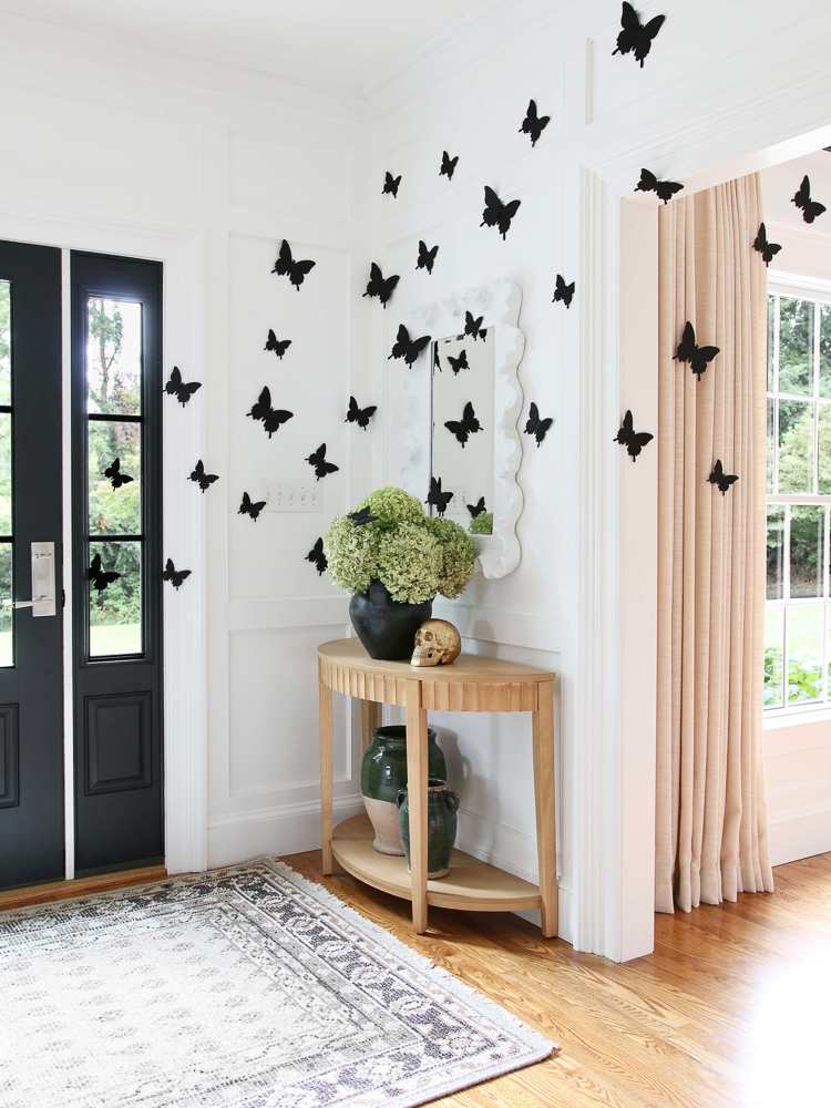 fall decor, black glitter butterflies, black front door, console table