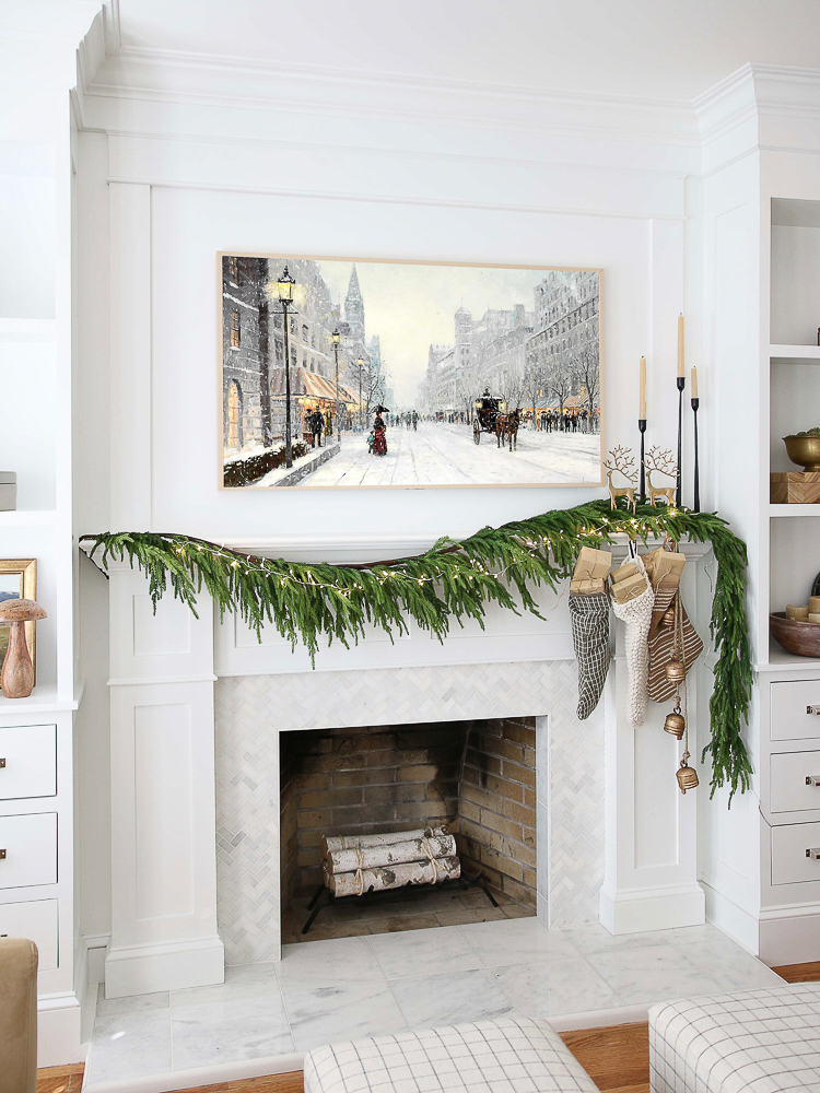 fireplace mantel with three garlands