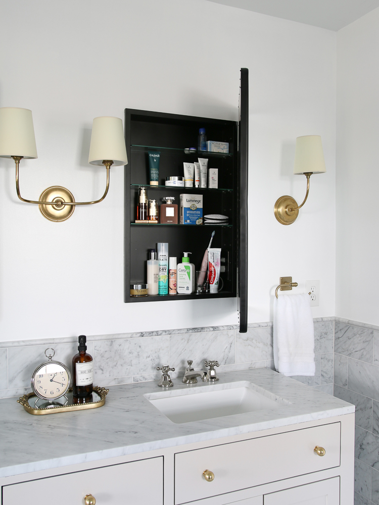 bathroom vanity mirror with open recessed  medicine cabinet