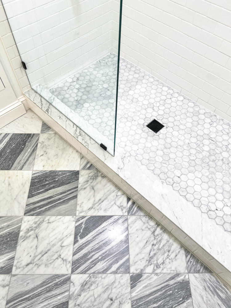 close up of bathroom marble floor and shower floor