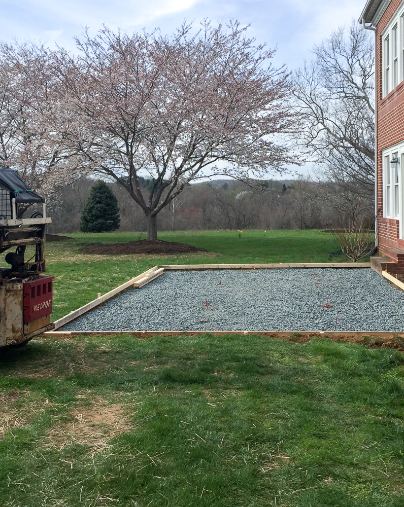 backyard area outlined for patio with stone base layer