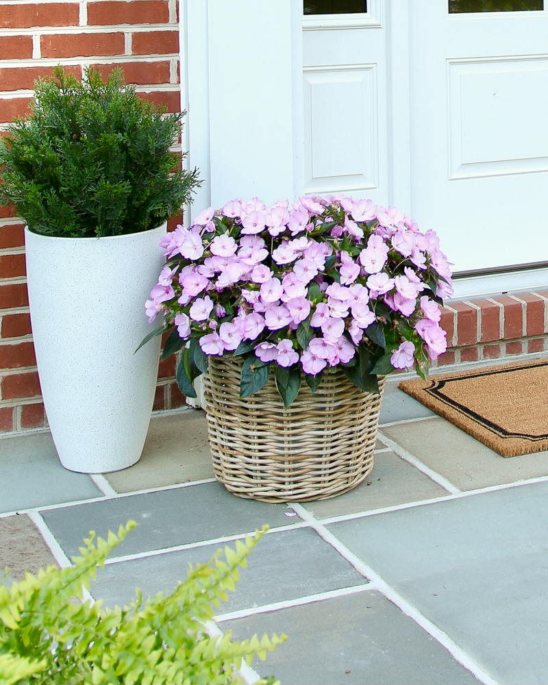 close up view of basket and tall white planter on front porch, bluestone  surface, pink flowers, green shrub