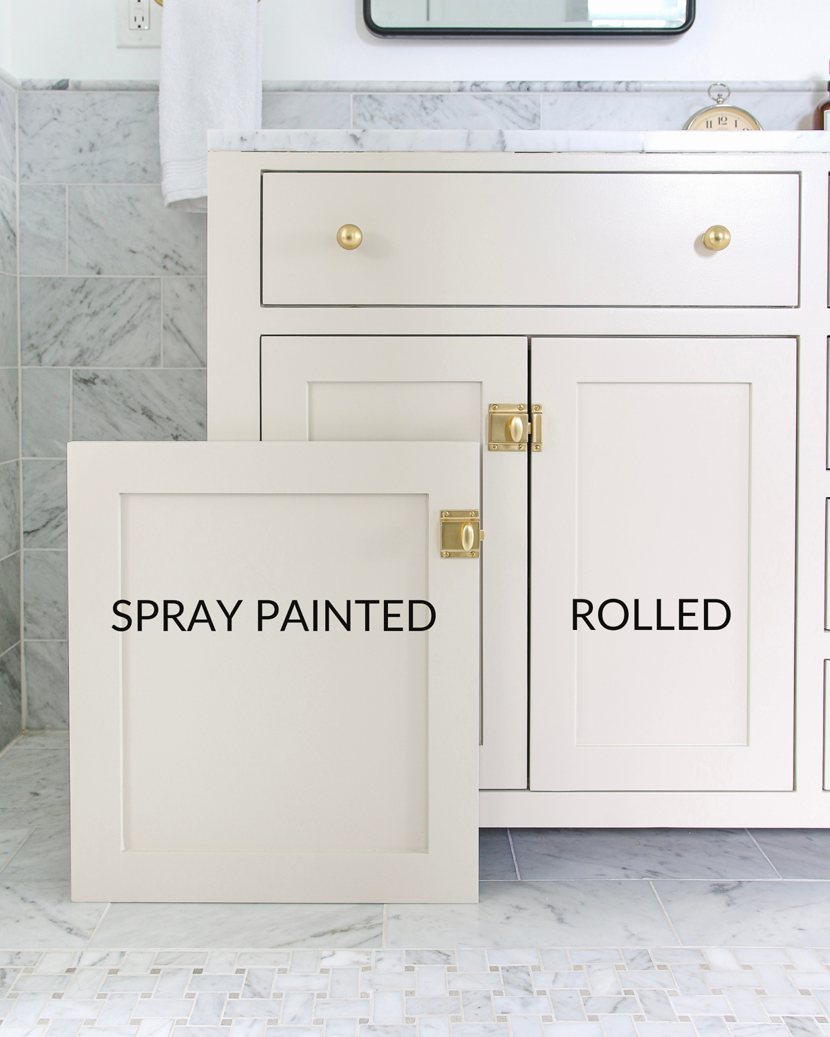 comparison of cabinet doors, spray painted vs rolled paint