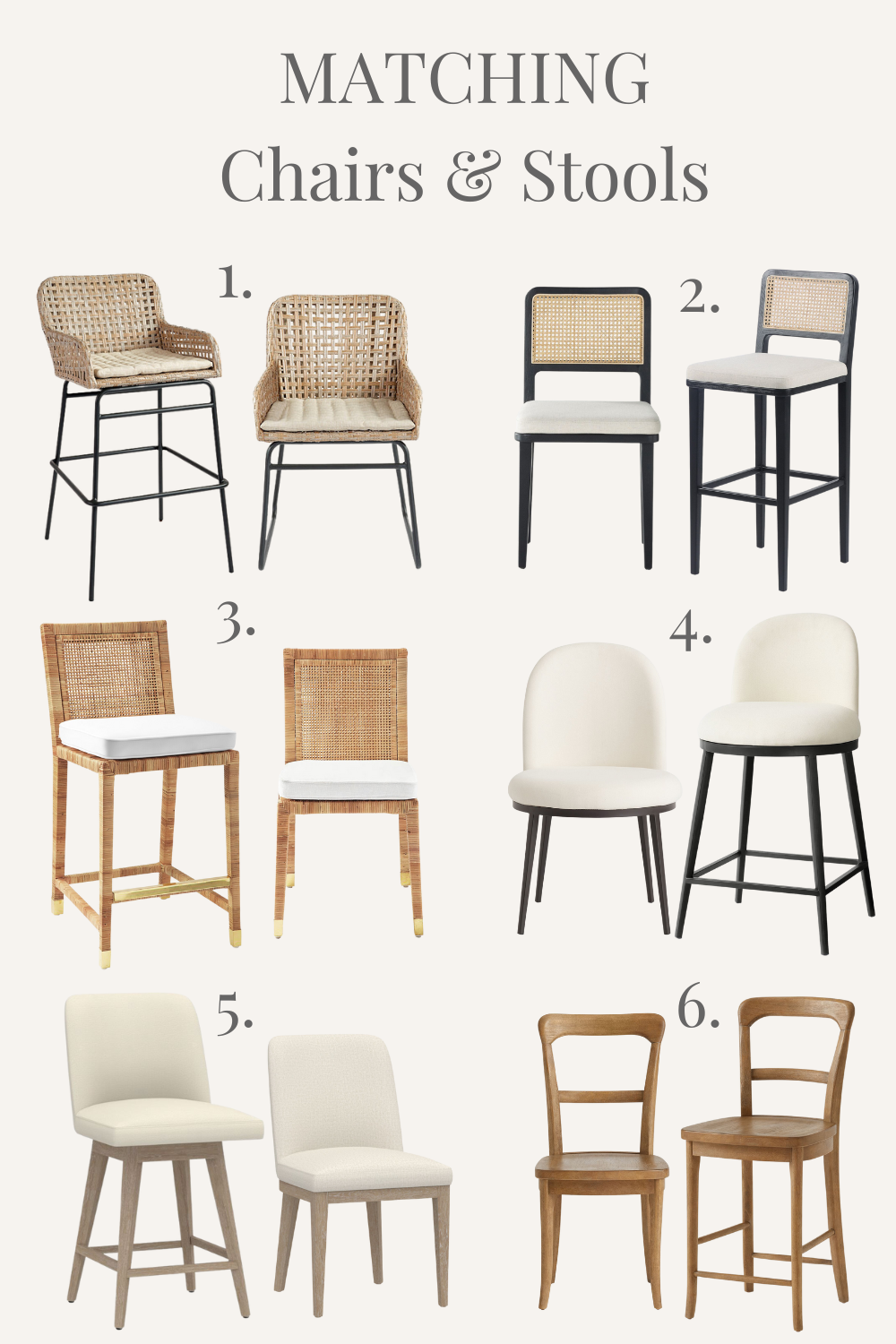 Graphic with multiple combinations of matching dining chairs and bar stools, counter stools
