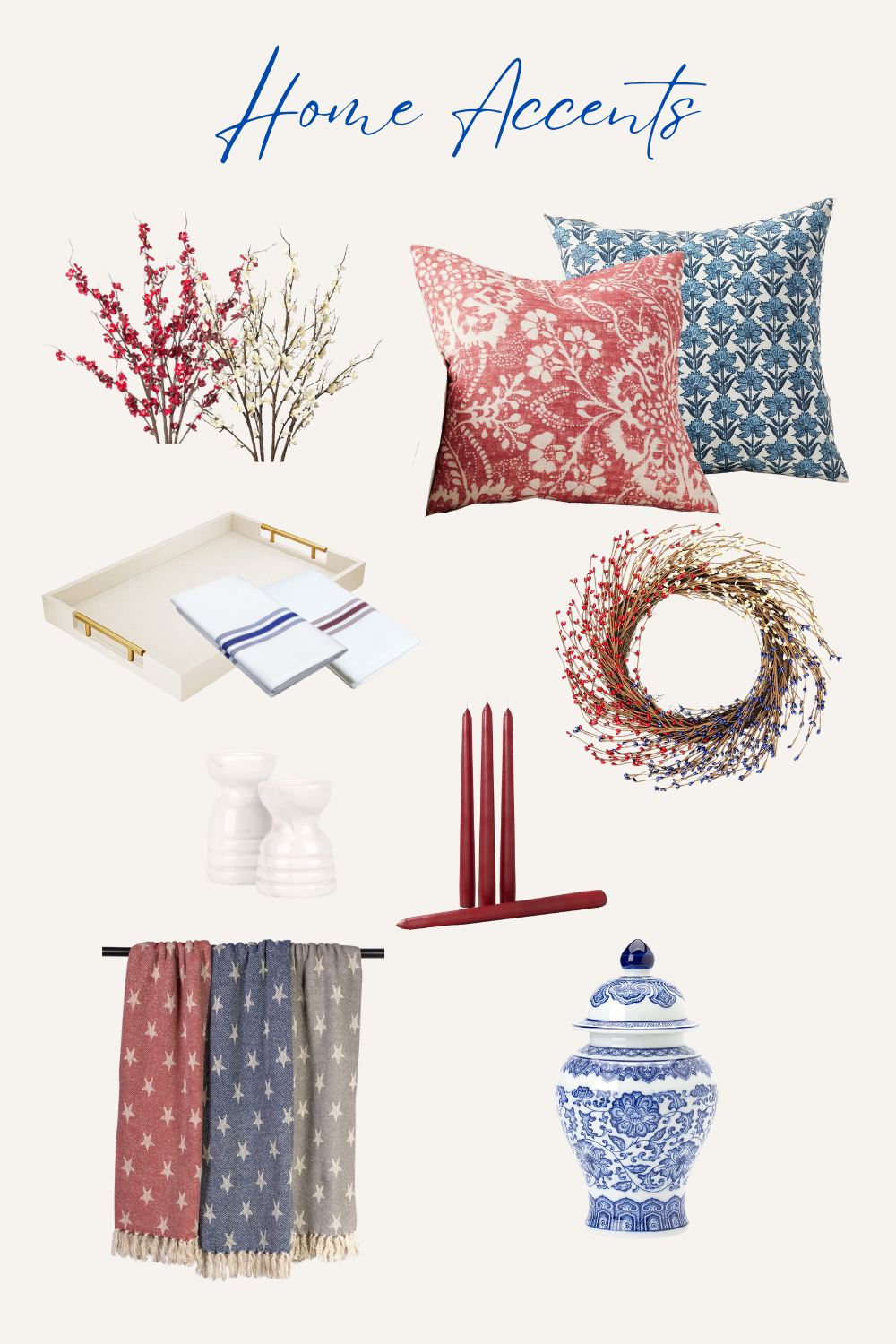 collage of patriotic home decor accents, floral blue and white pillows, faux stems, patriotic wreath, red candles, tray with patriotic linens, white candle holders, patriotic throw blankets, blue and white jar