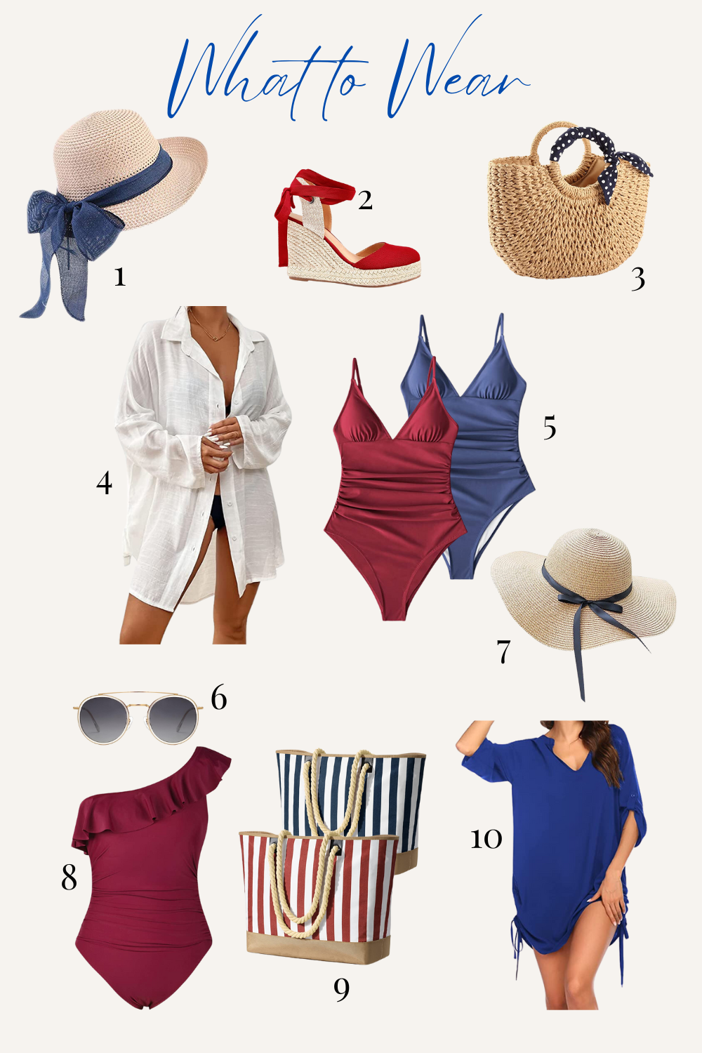 collage of patriotic pool wear, red and blue women's swimsuits, straw hats, red espadrilles, sunglasses, blue and white coverups, striped beach bags