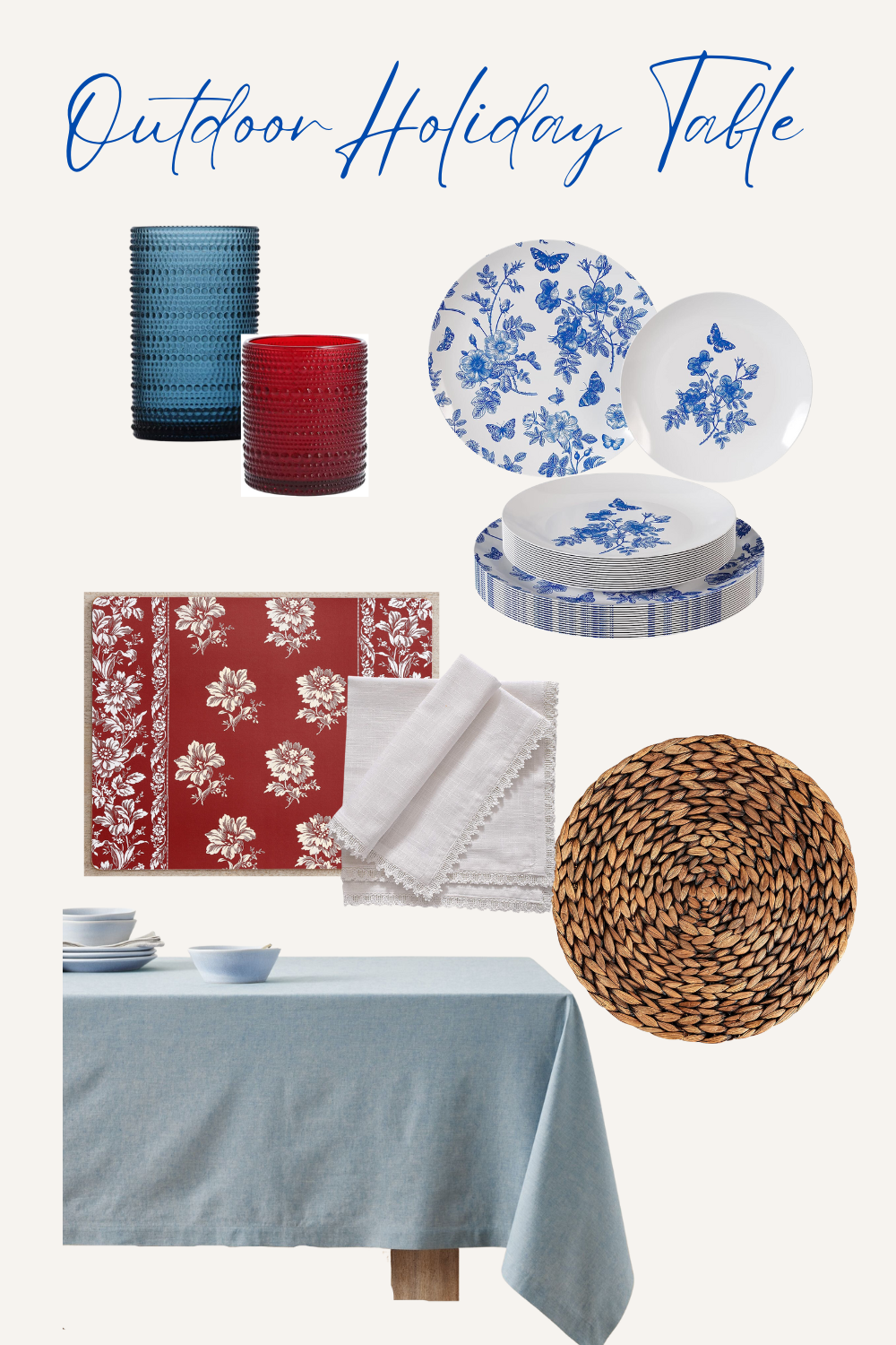 collage of outdoor patriotic table decor, hobnail glasses, blue and white floral plastic plates, red floral placemat, white lien napkins, round woven charger, chambray blue rectangular table cloth