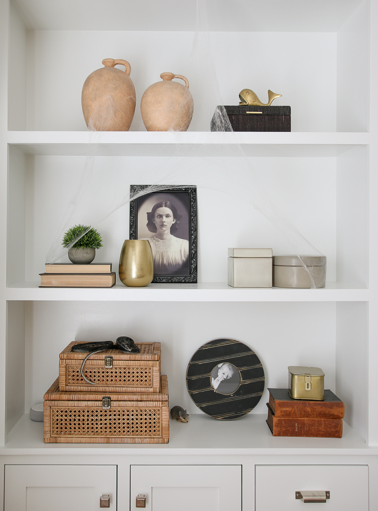 bookshelves styled with fall  and classy Halloween decor, fake snake, mouse, and haunted vintage portrait