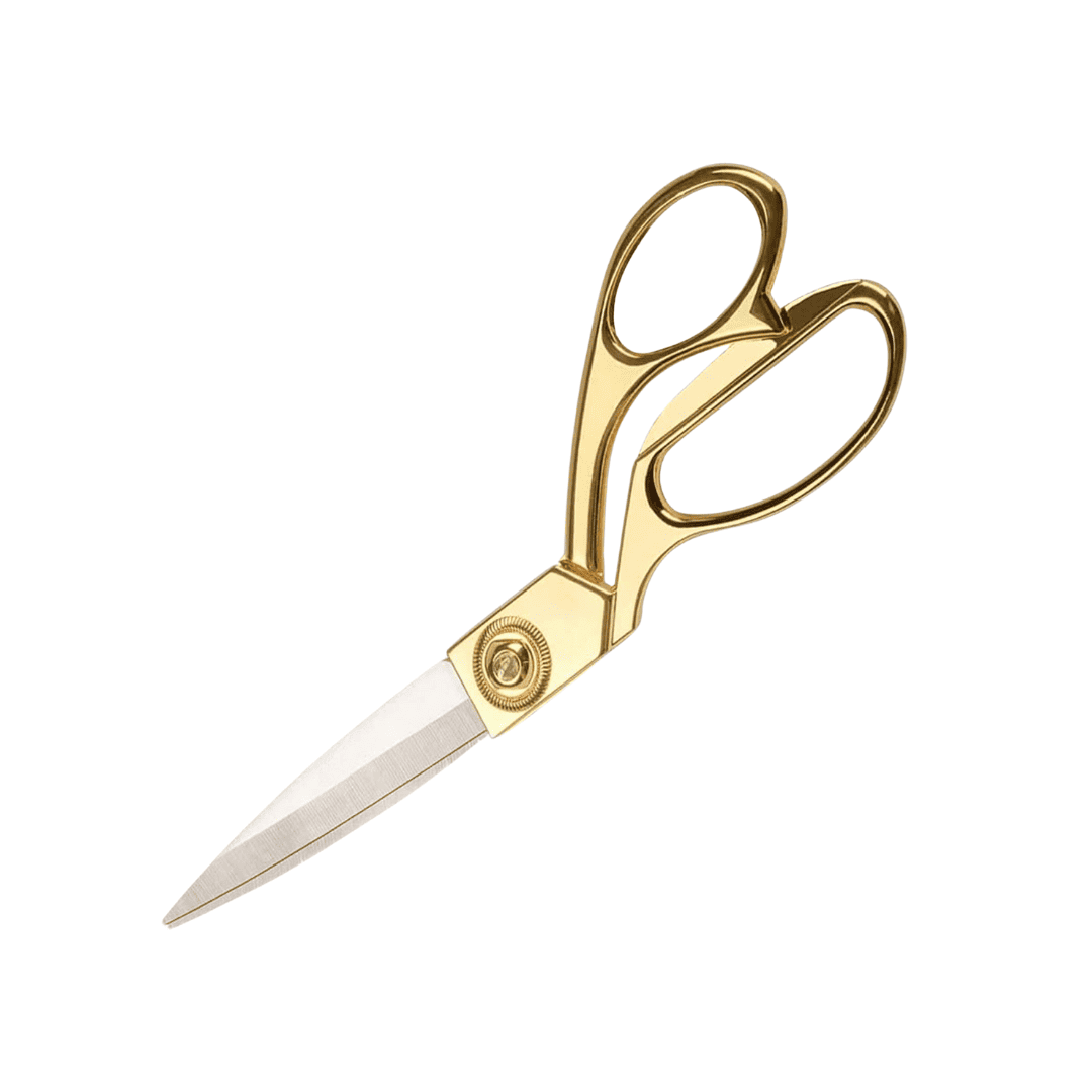 scissors with gold handle, used to cut end of plastic zip tie