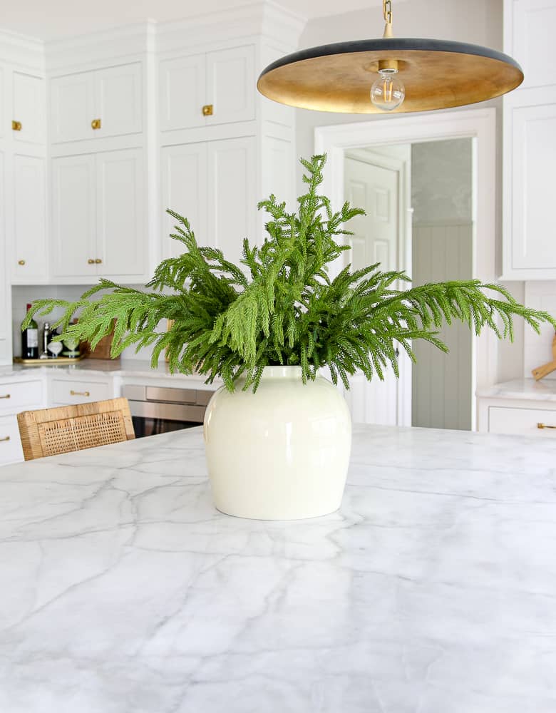 Norfolk pine stems in vase on marble kitchen island countertop, classic white kitchen, rattan counter stools, brass hardware