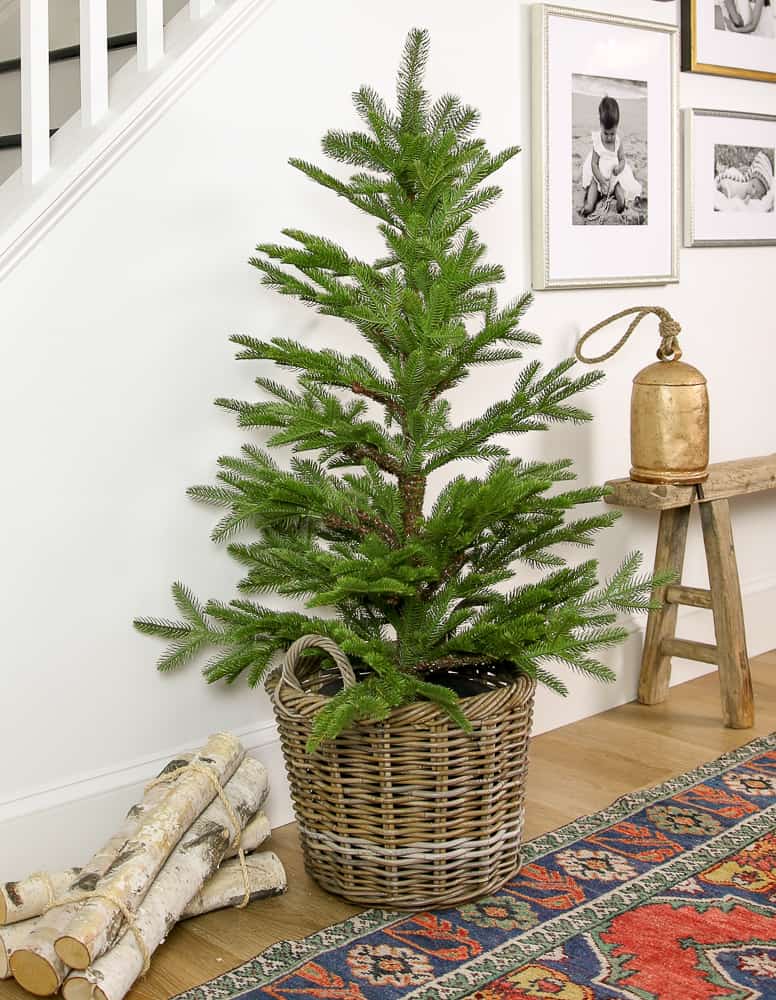 basket tree skirt alternatives for small Christmas tree, birch logs, vintage bench with large Christmas bell, photo gallery wall above bench