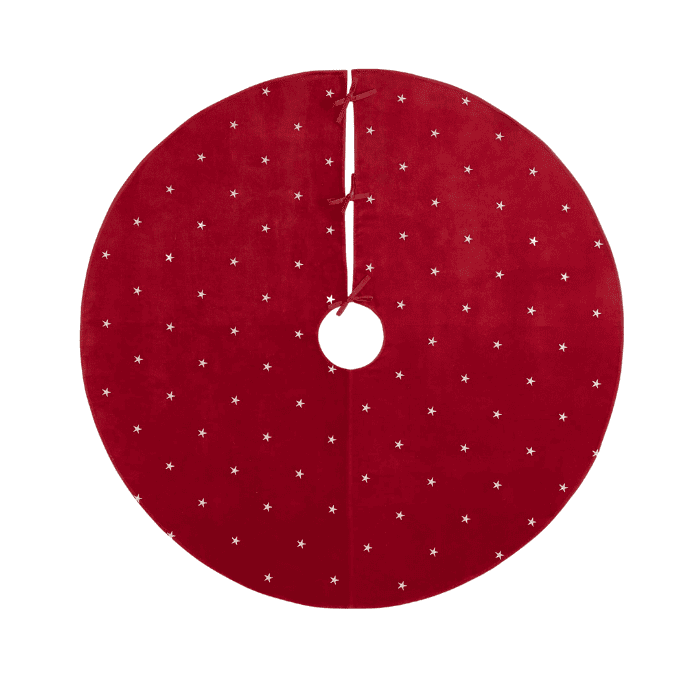Traditional Christmas tree skirt from Pottery Barn, red with small white stars