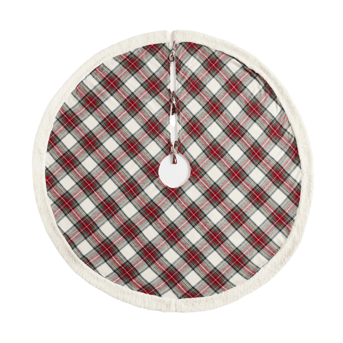 Traditional Christmas tree skirt from Pottery Barn, plaid with white trim