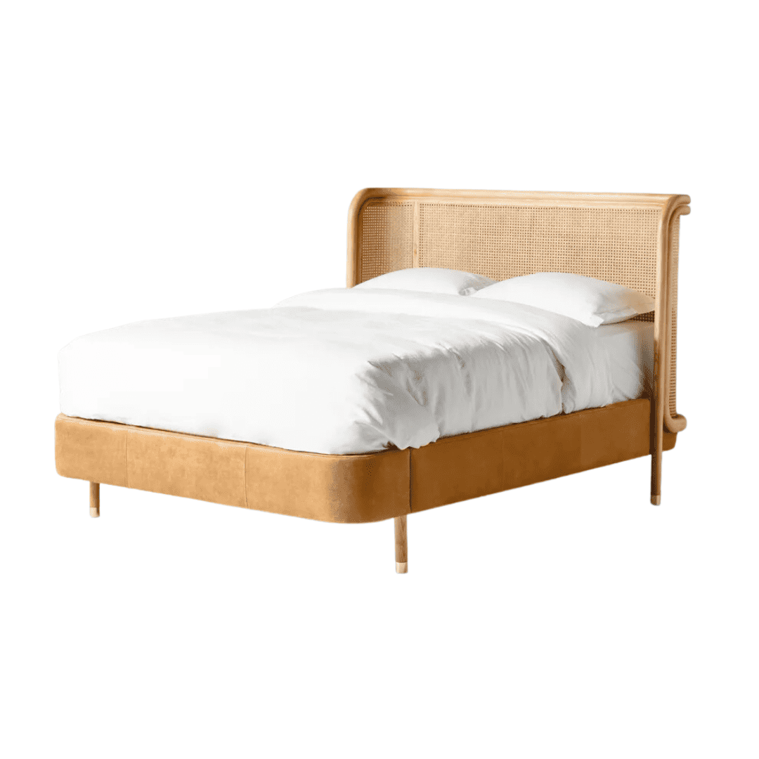 cane and leather bed from Anthropologie
