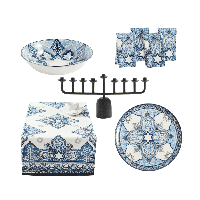 variety of Pottery Barn Hanukkah tableware