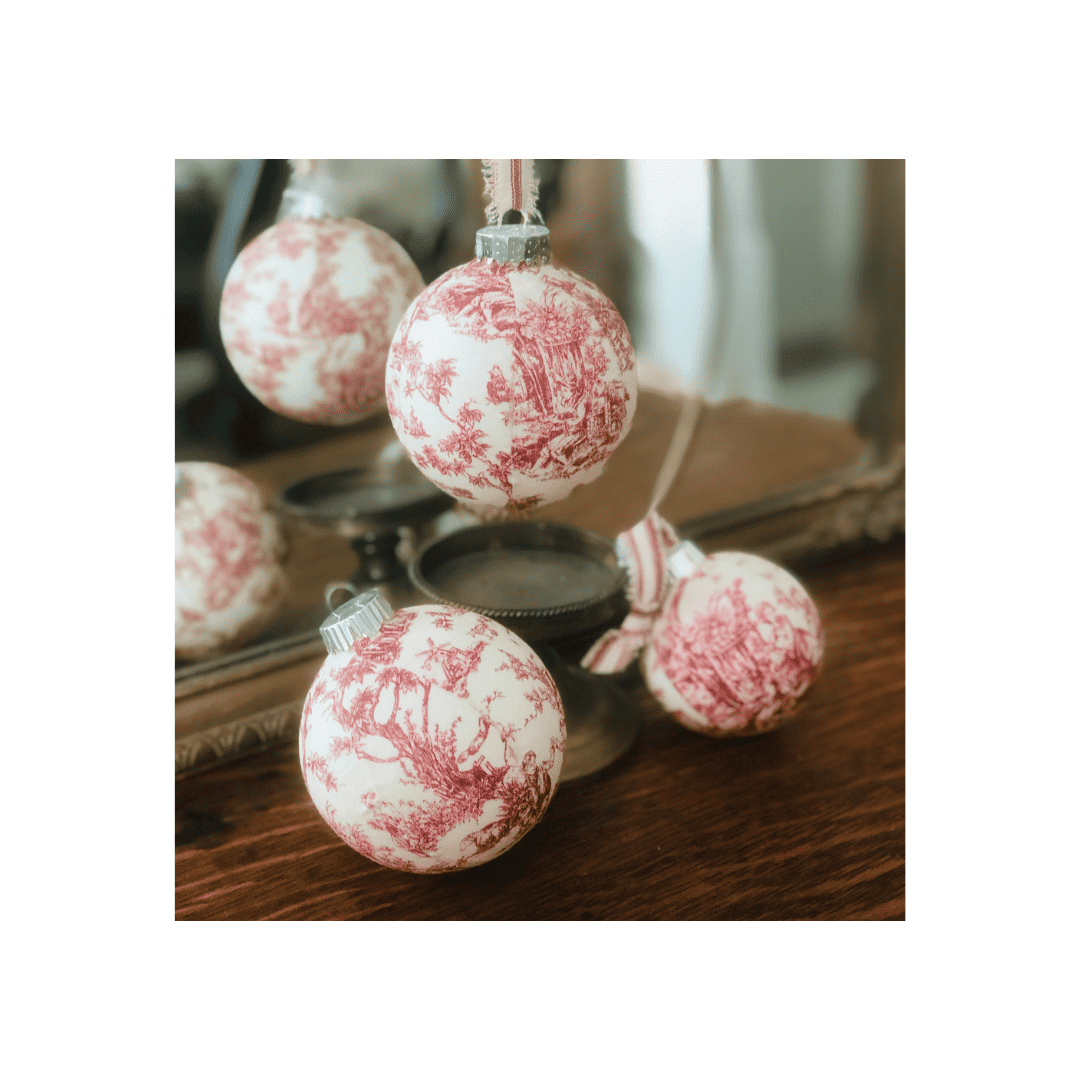 red and white toile ornaments