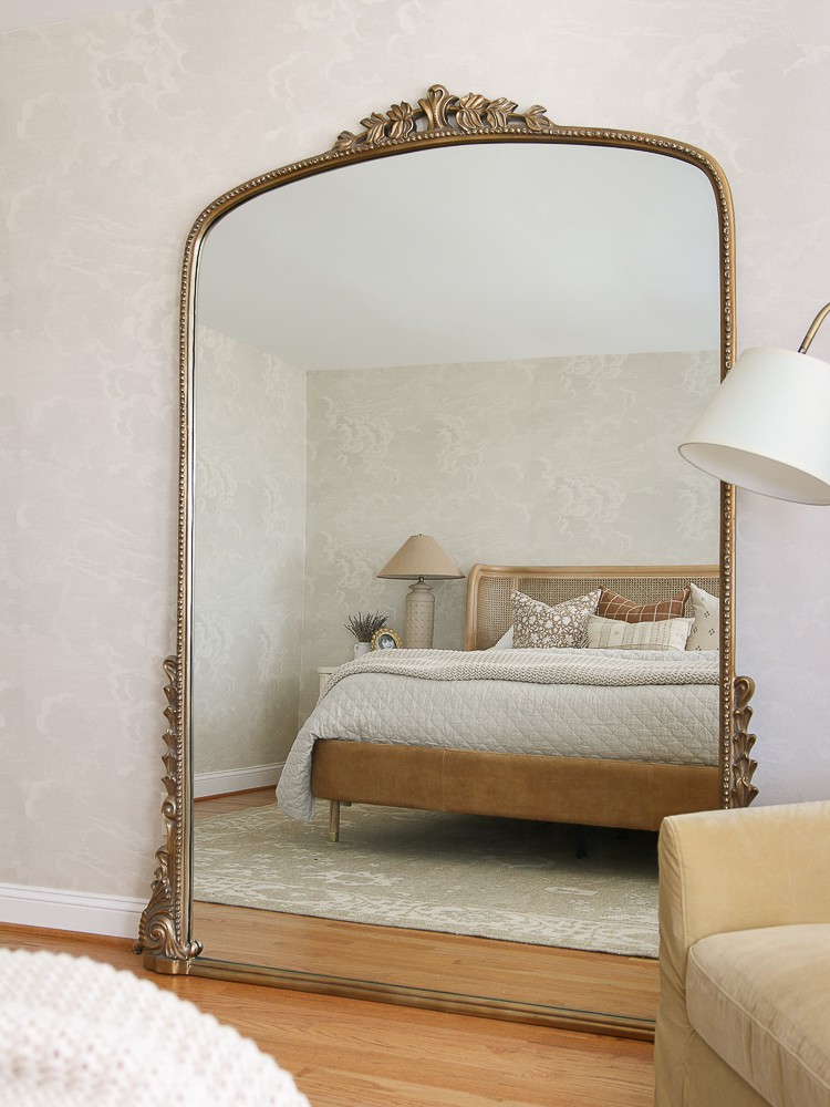 home refresh idea, rearrange furniture and decor, Anthro Gleaming Primrose mirror moved into primary bedroom with wallpaper