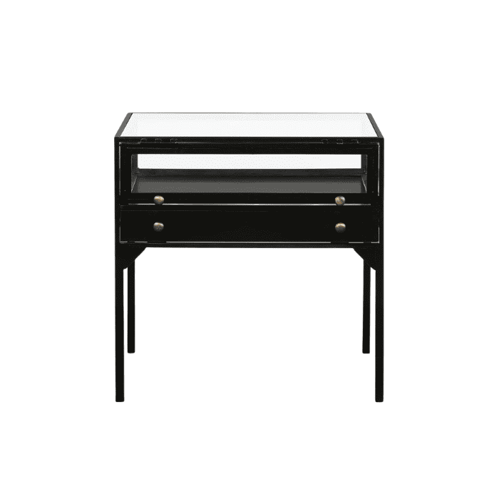 McGee & Co black nightstand with glass surface and brass hardware