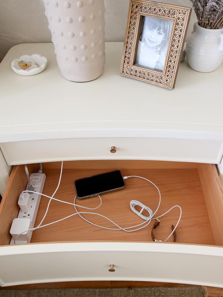 DIY nightstand charging drawer, how to convert any nightstand into a charging station, how to hide power cords on a nightstand, clutter free nightstand styling