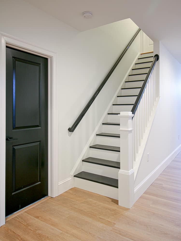 basement with LVP floors, stairs painted black to transition between different flooring surfaces