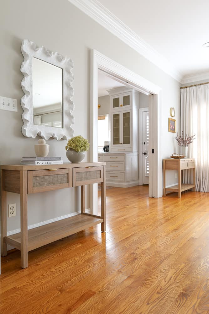 traditional narrow plank solid hardwood floors, red oak stained golden oak, floors are the same in adjoining rooms