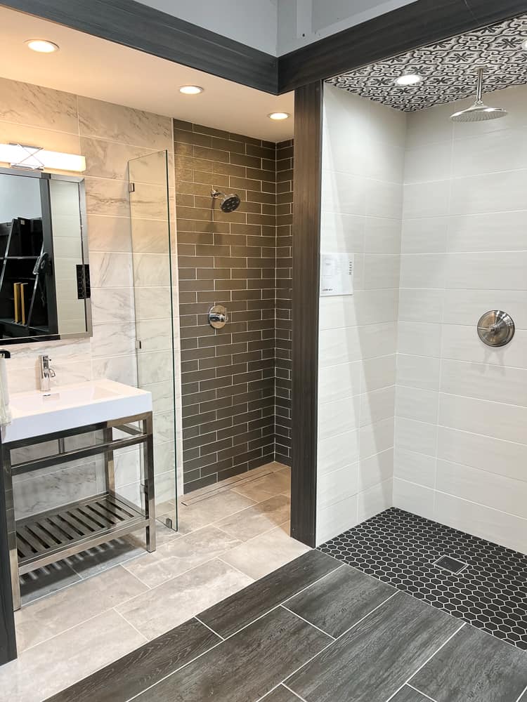 modern bathroom with multiple sizes and shapes of tiles