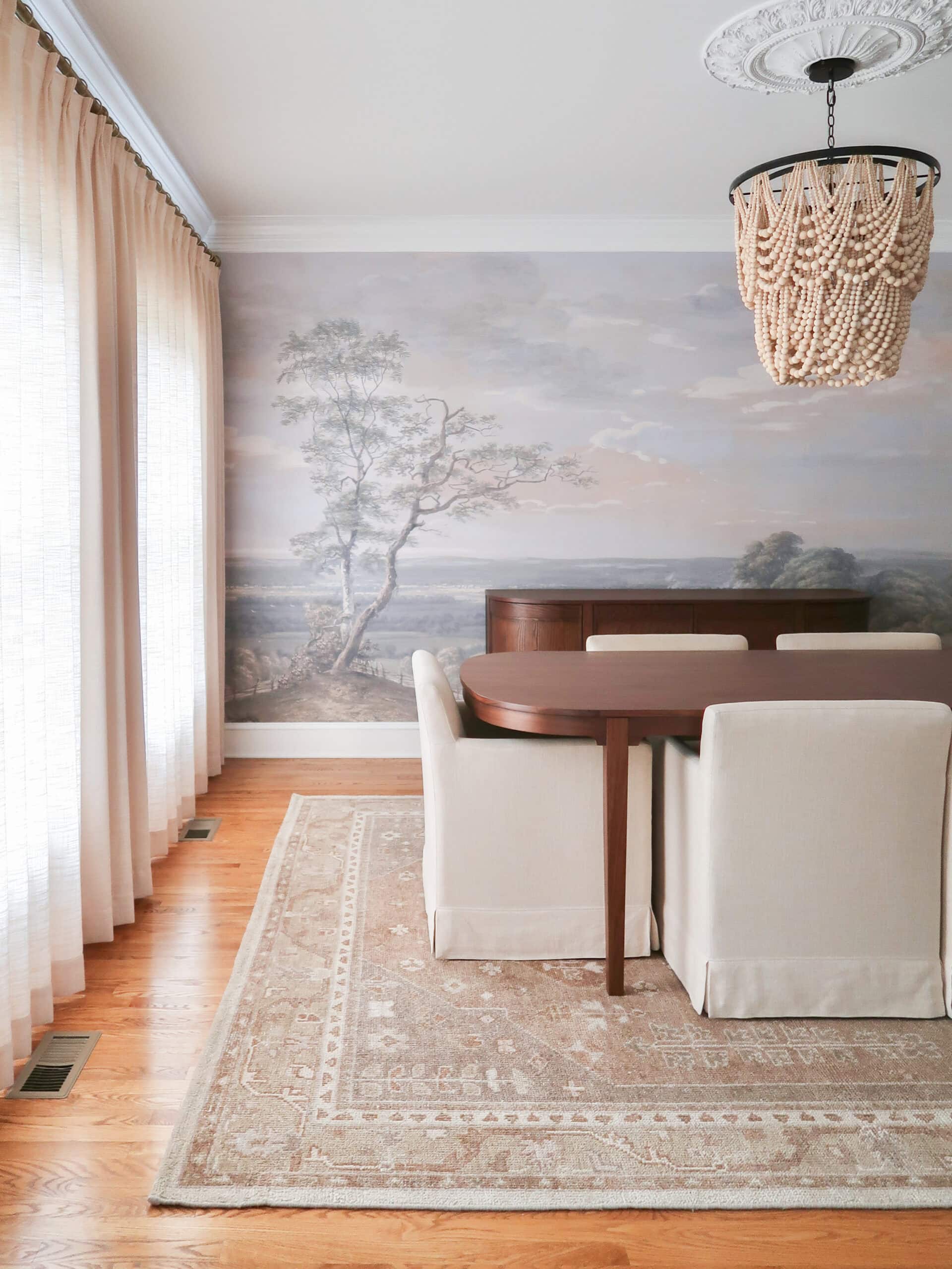 dining room makeover with mural wallpaper and new dining furniture